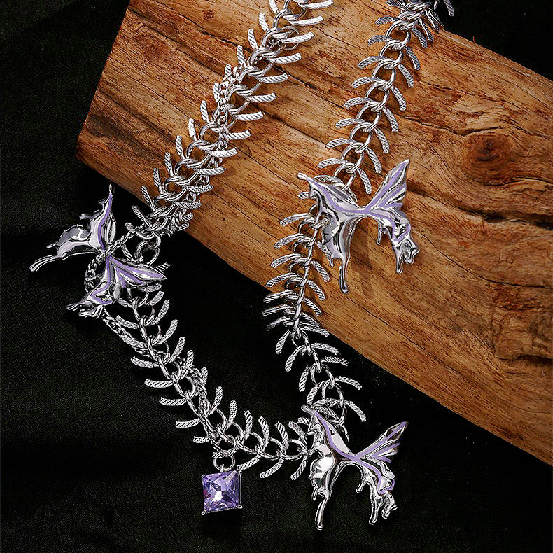 Purple Liquid Metal Butterfly Necklace，Fishbone Butterfly Bracelet