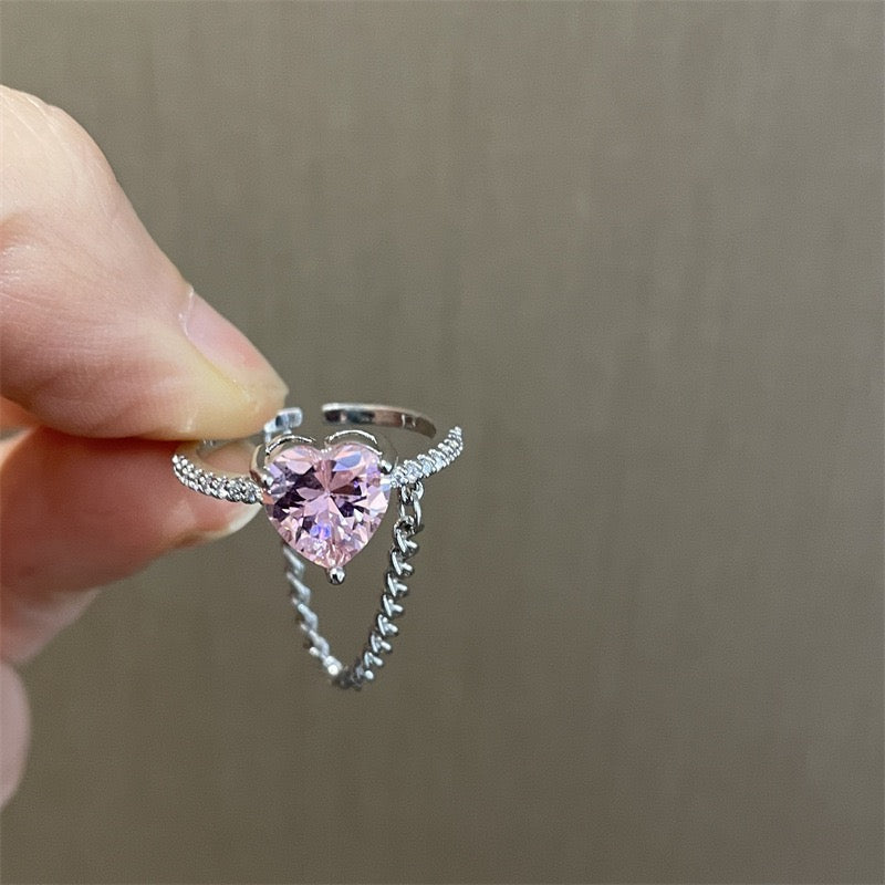 Pink Heart Zircon Rings，Y2K Girl Style Rings