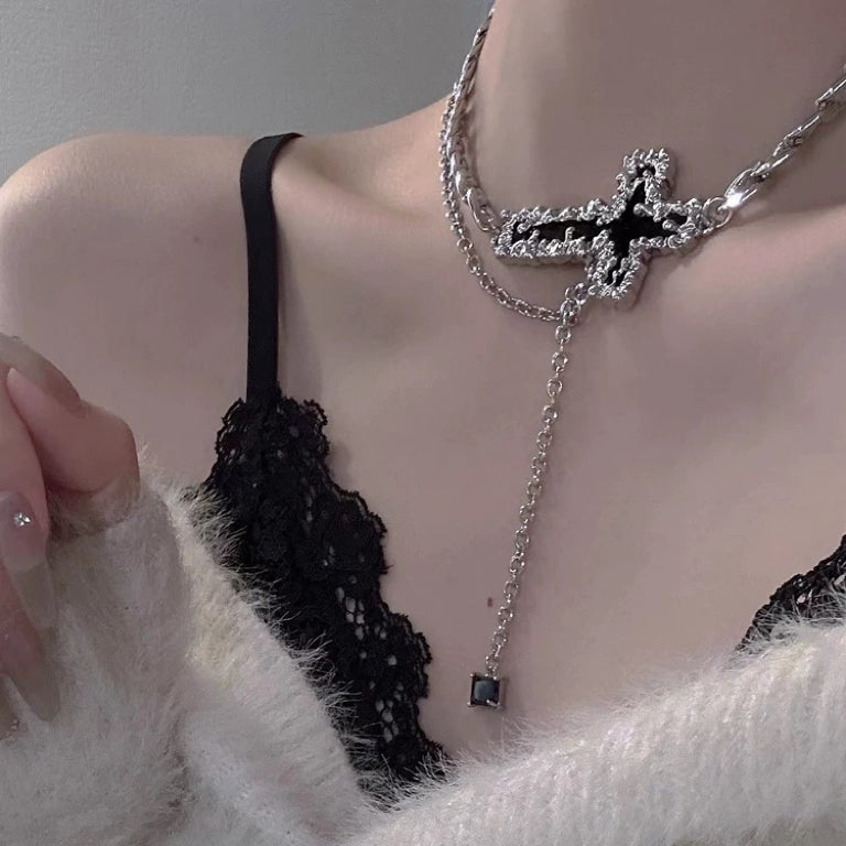 Metal Cross Necklace, Tassel Collarbone Chain