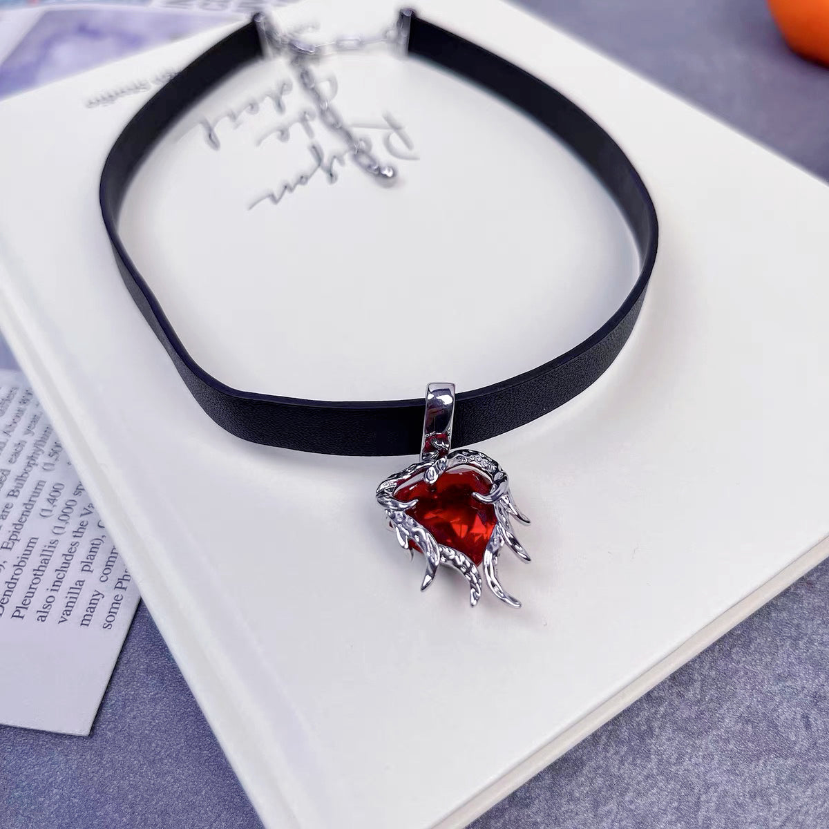 Ruby Leather Choker，Ruby Zircon Set