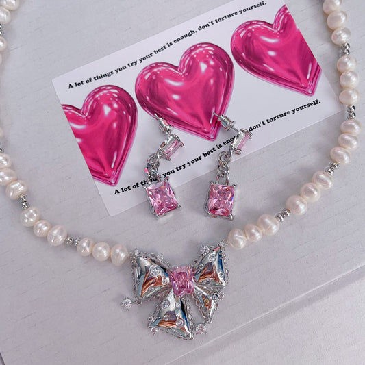 Pink Diamond Bow Pearl Necklace，Pink Zircon Earrings