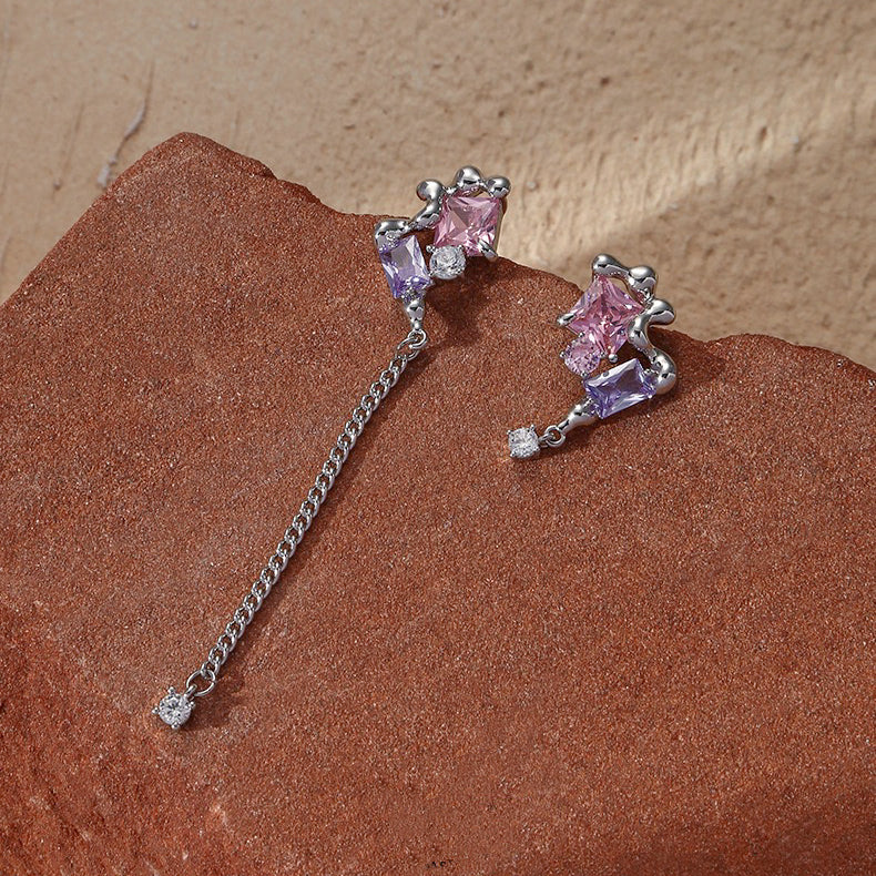 Pink & Purple Zircon Irregular Tassel Earrings