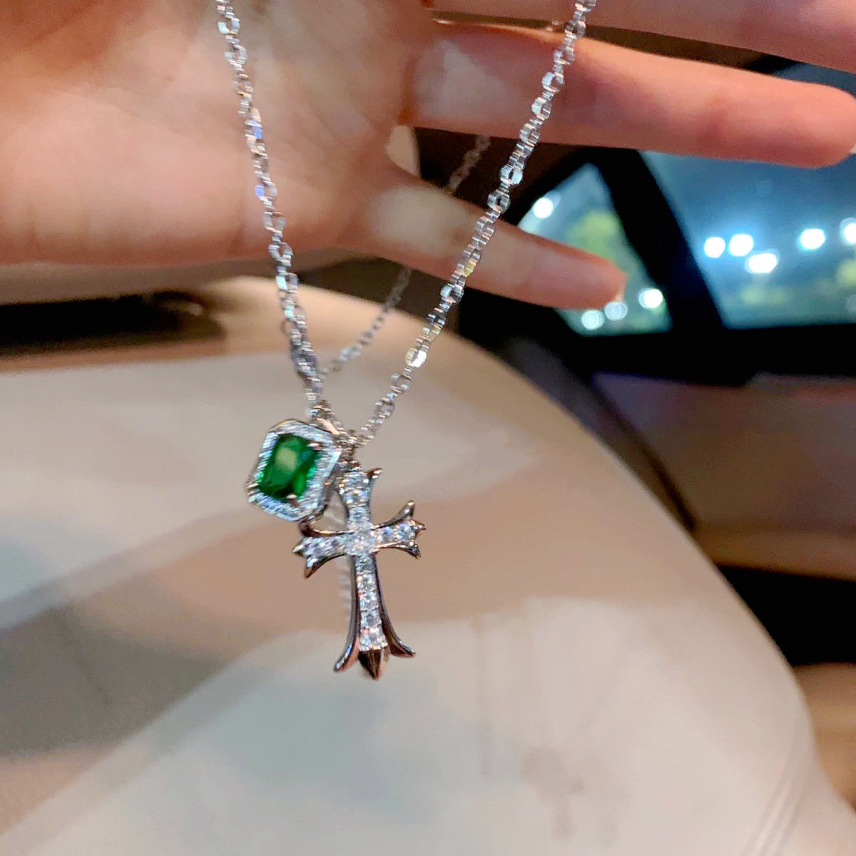 Emerald Zircon Necklace, Cross Zircon Earrings