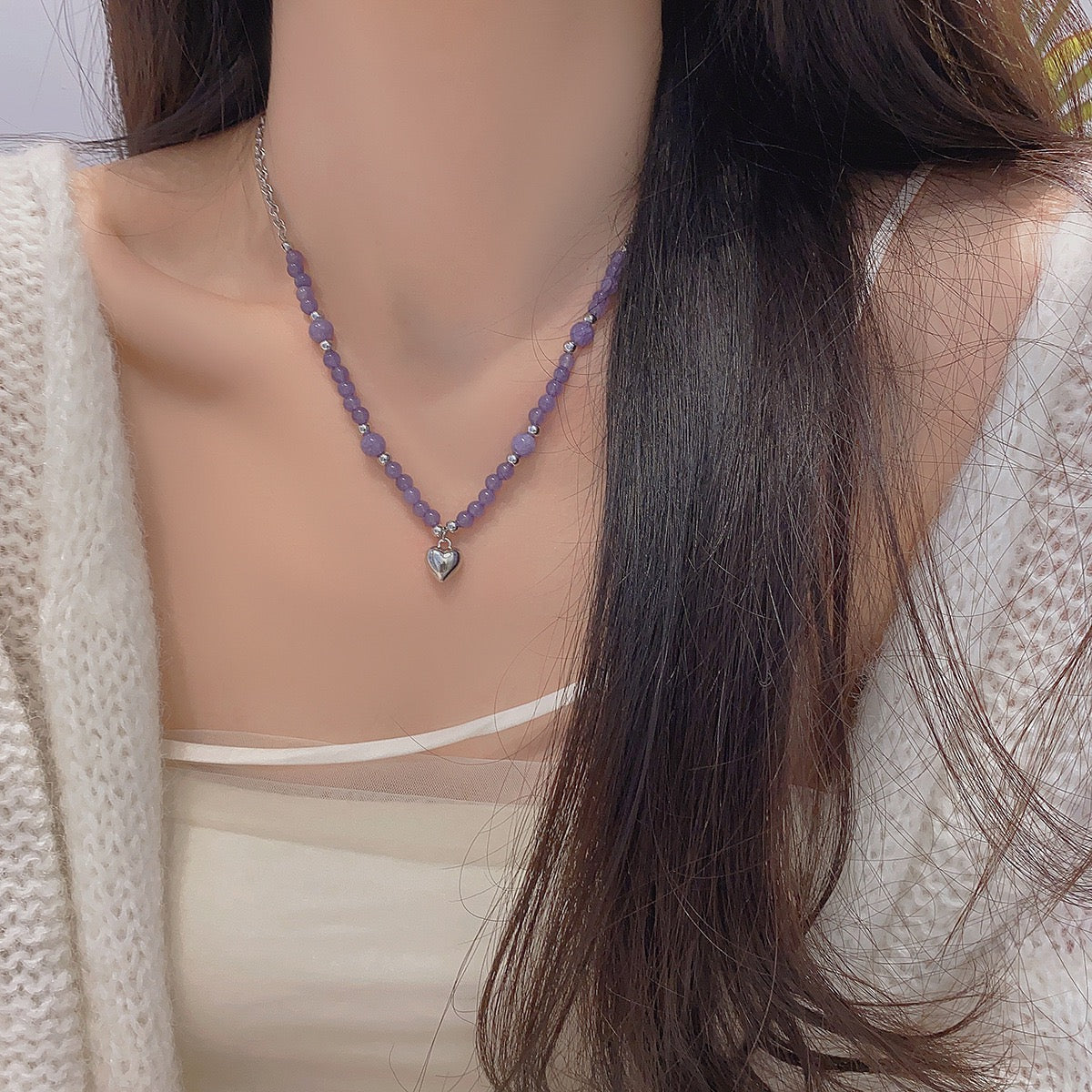 Purple Zircon Heart  Diamond Necklace，Purple Beaded Heart Necklace