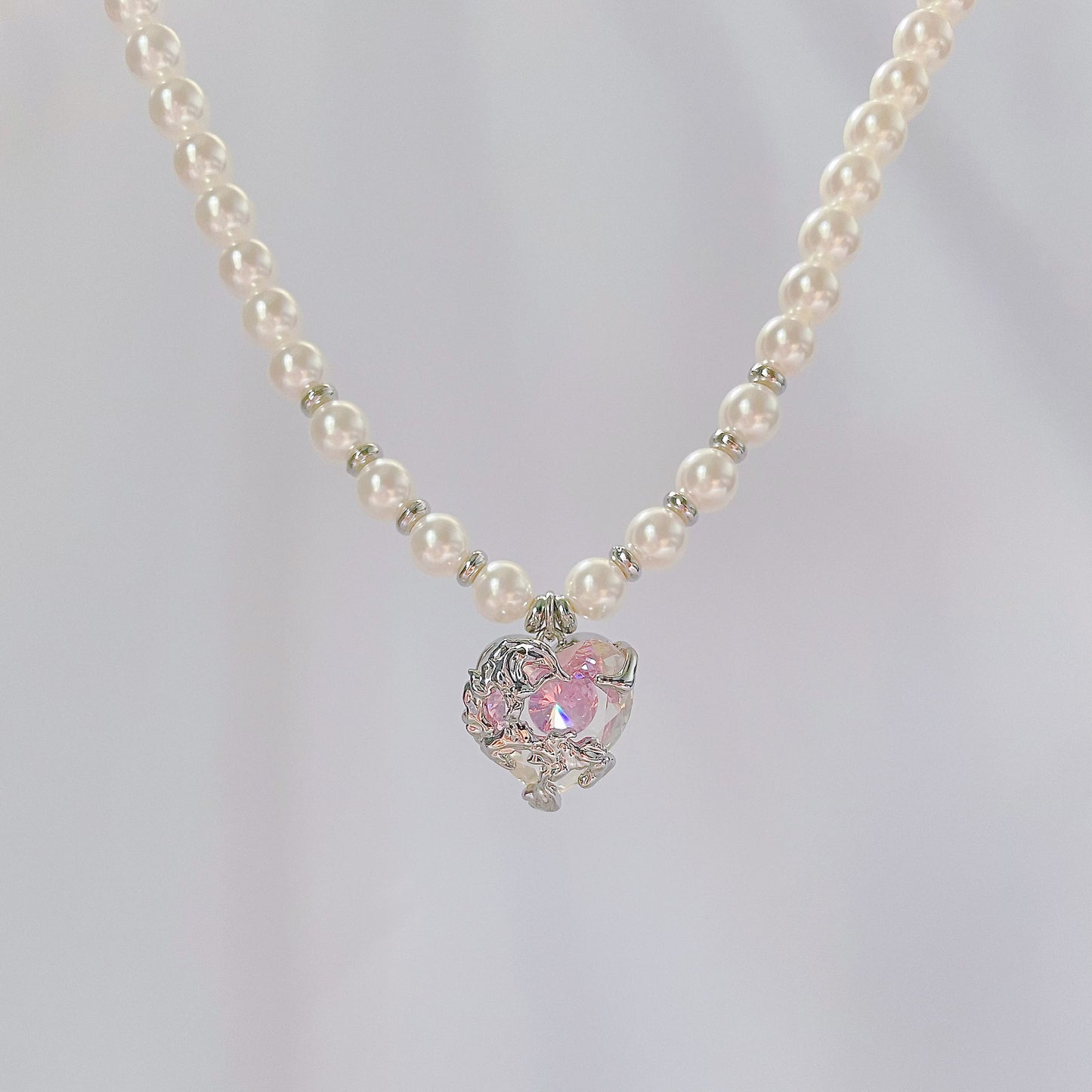 Pink Zircon Heart Pearl Necklace,Y2KPink Style