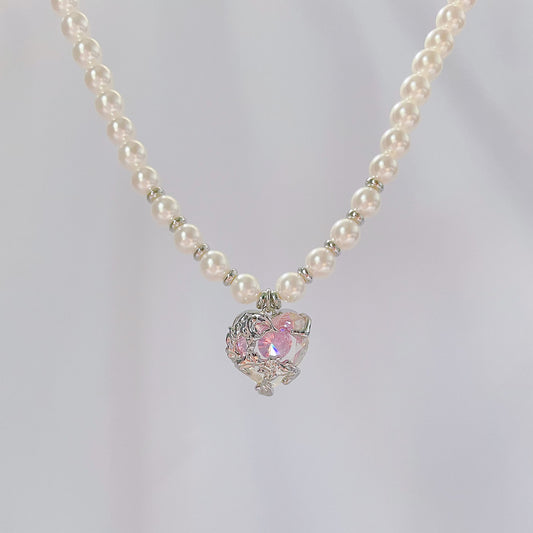 Pink Zircon Heart Pearl Necklace,Y2KPink Style