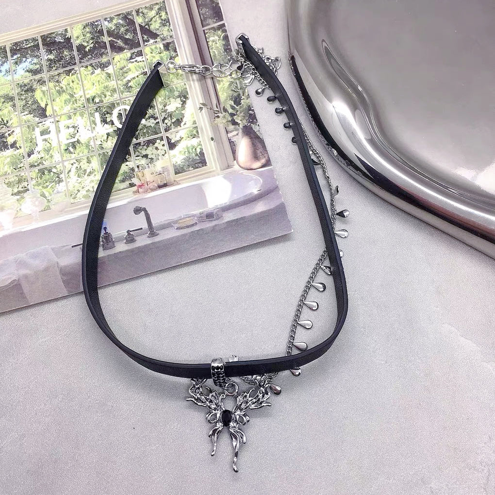 Metal Butterfly Tassel Leather Choker