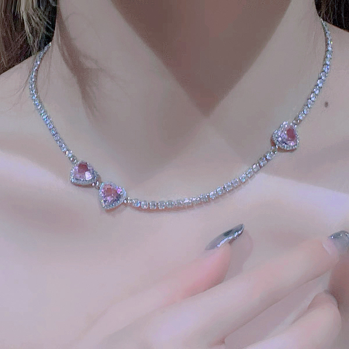 Pink Diamond Heart Necklace, y2kpink style Clavicle Chain