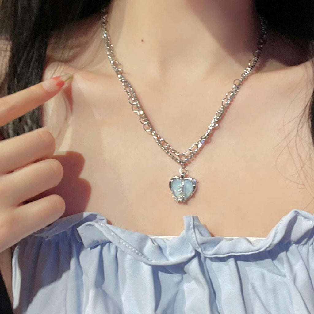 Blue Heart Zircon Double Layer Necklace