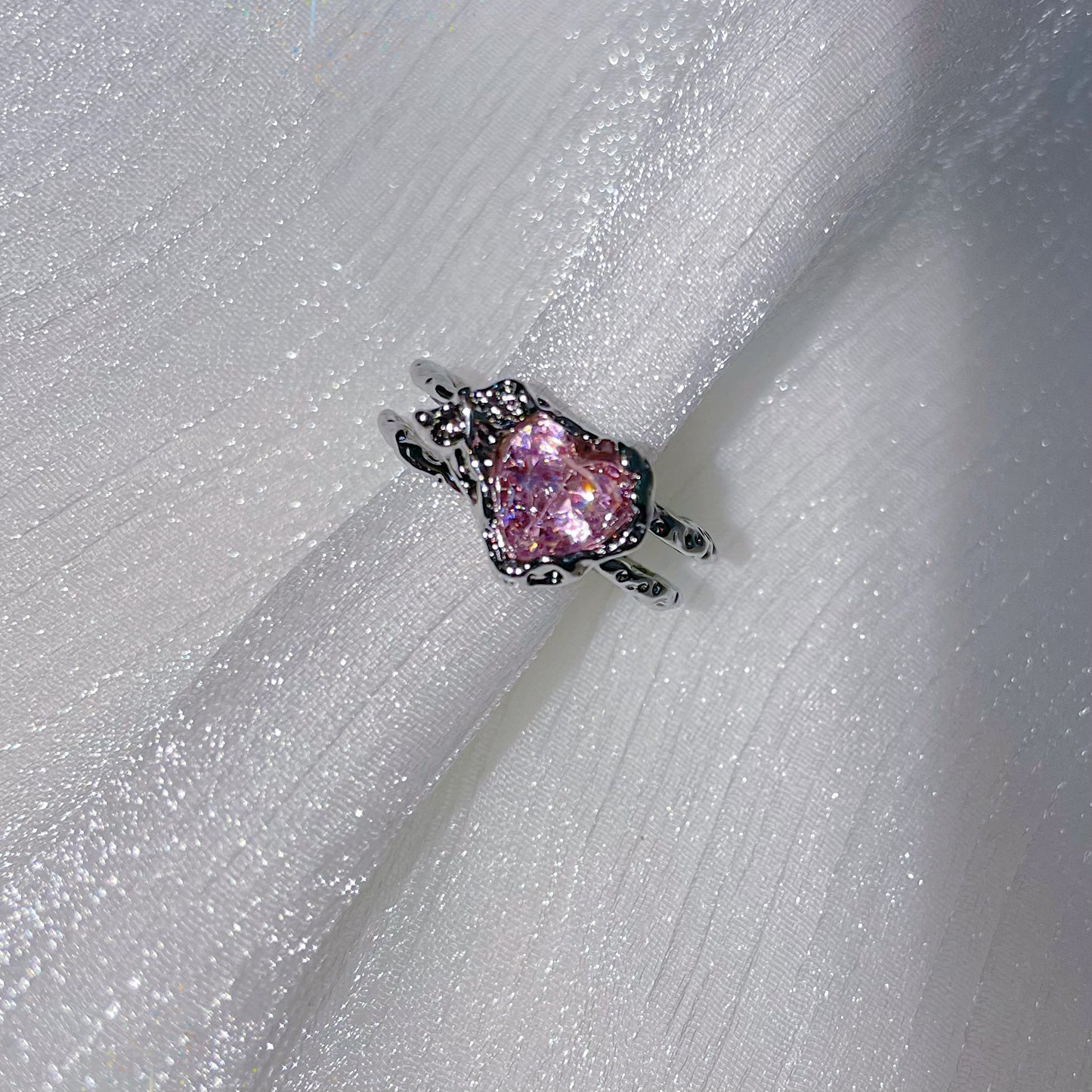 Pink & White Heart Zircon Ring，Y2K Pink Ring