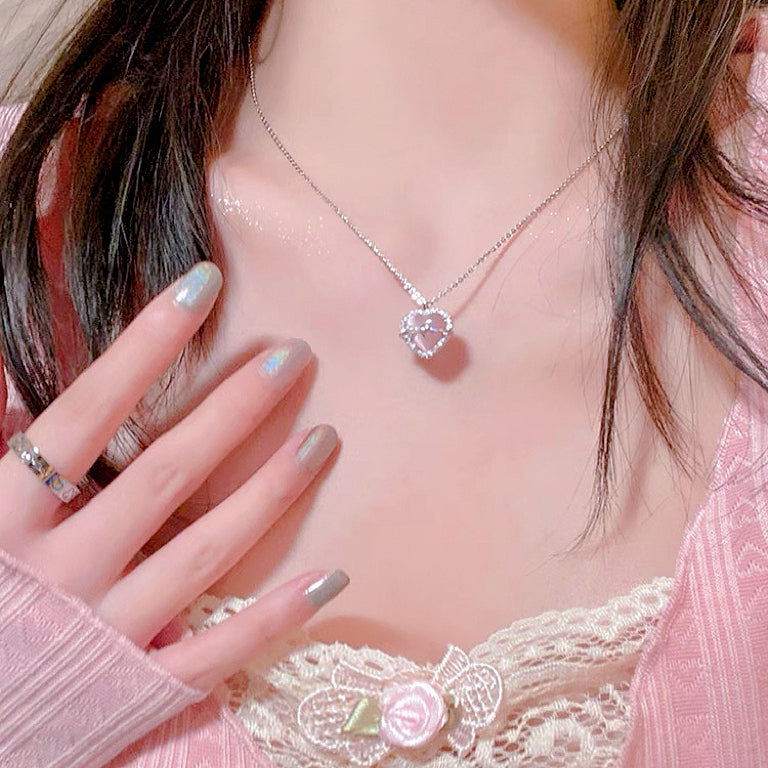 Pink Bow Heart Opal Necklace