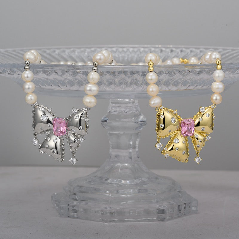 Pink Diamond Bow Pearl Necklace，Pink Zircon Earrings