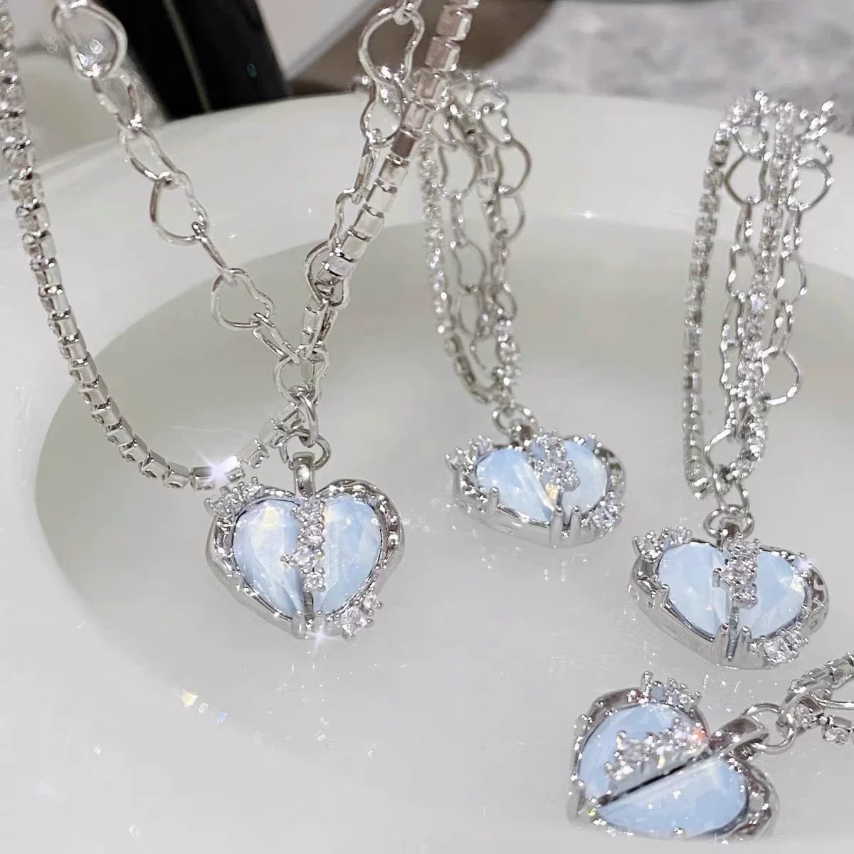 Blue Heart Zircon Double Layer Necklace