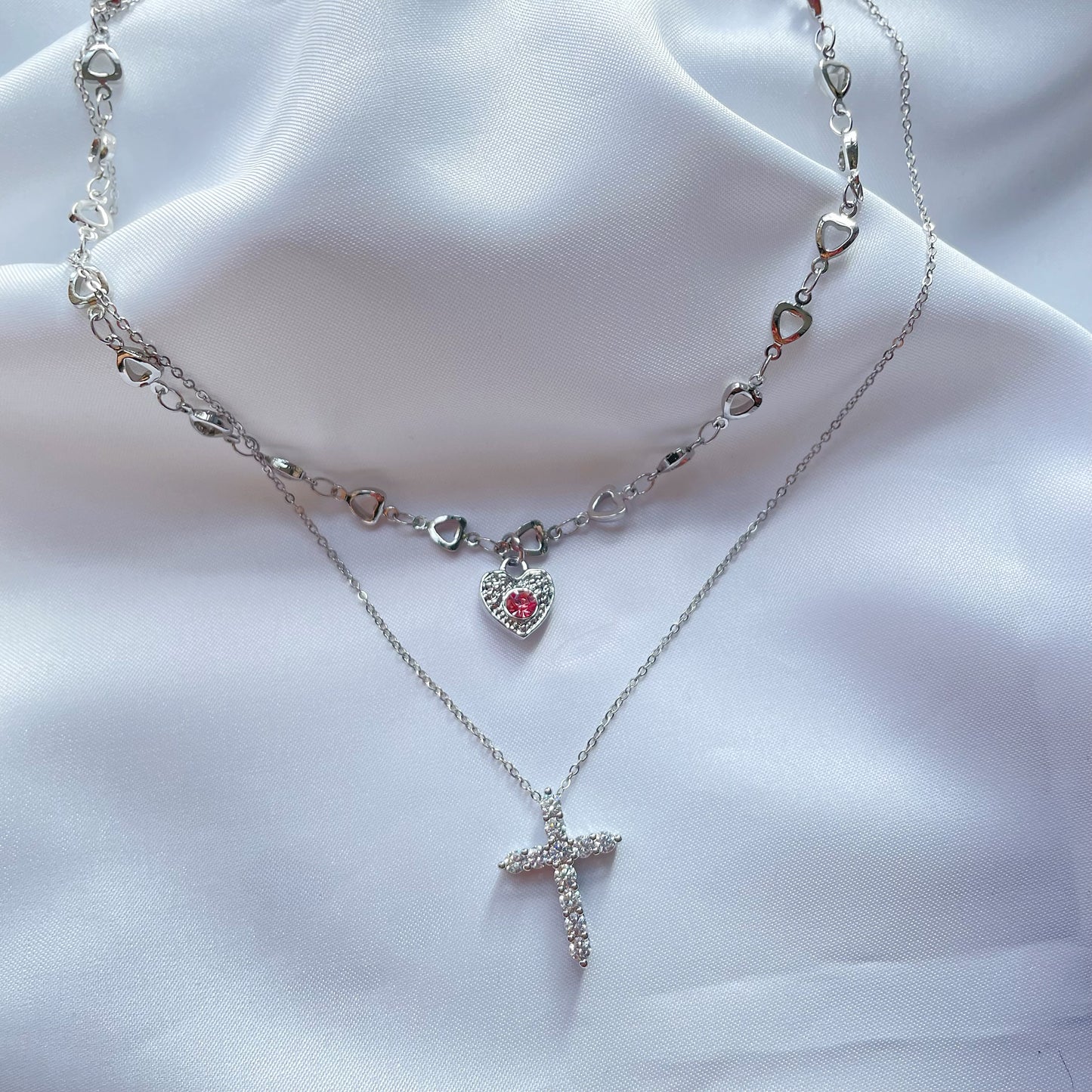 Pink Heart Zircon Necklace, Y2K Girl Style