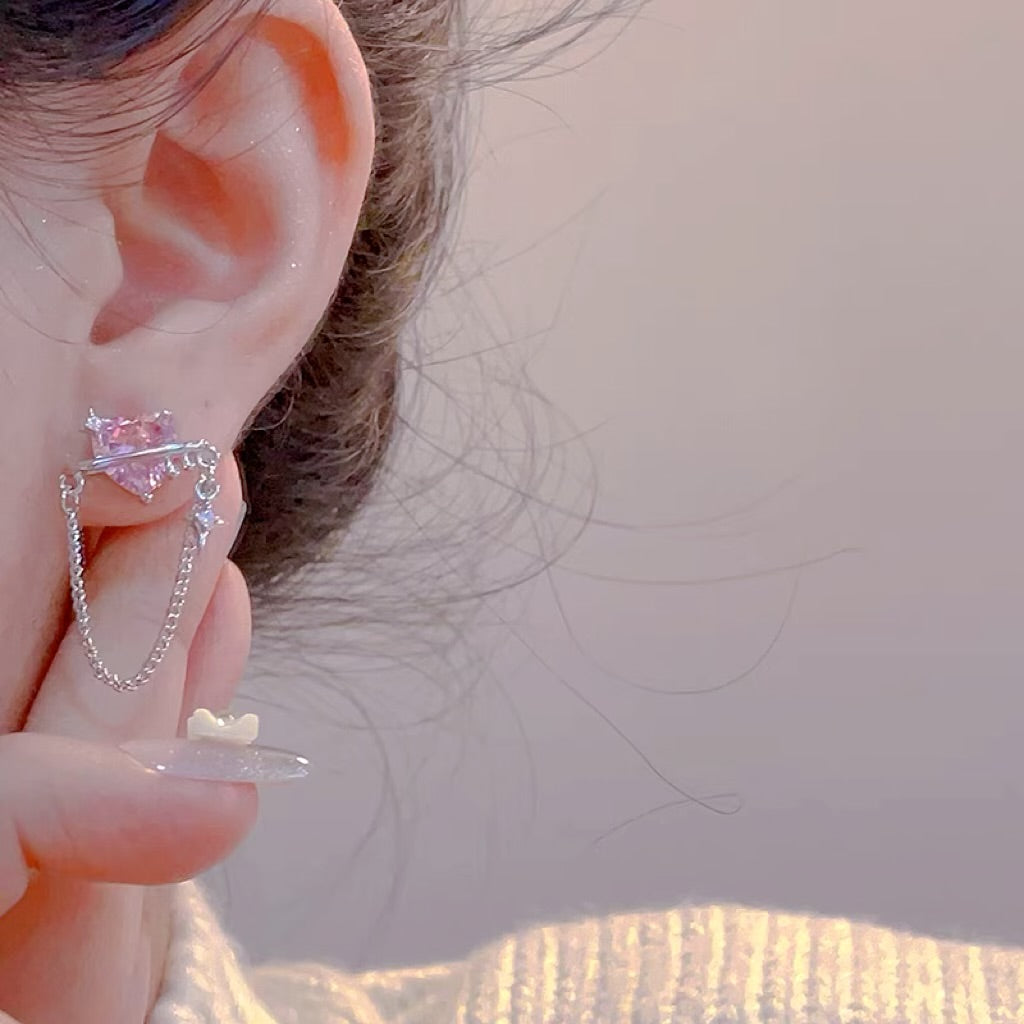 Pink Heart Zircon Tassel Earrings