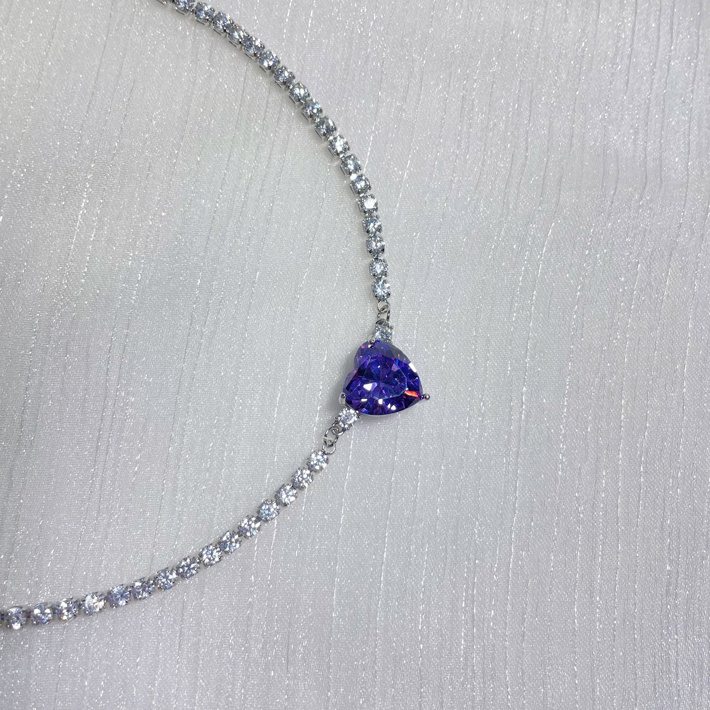 Purple Zircon Heart  Diamond Necklace，Purple Beaded Heart Necklace