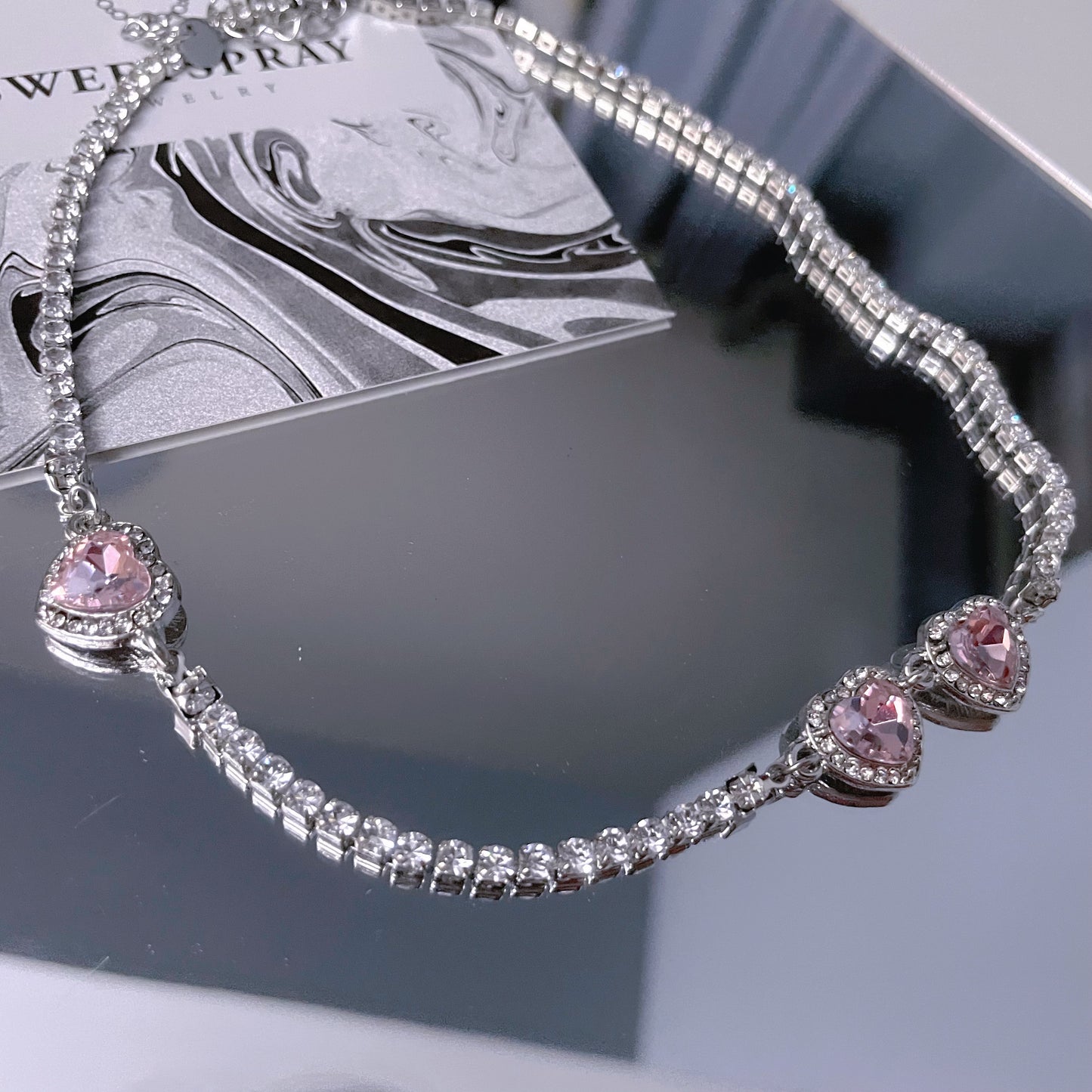 Pink Diamond Heart Necklace, y2kpink style Clavicle Chain