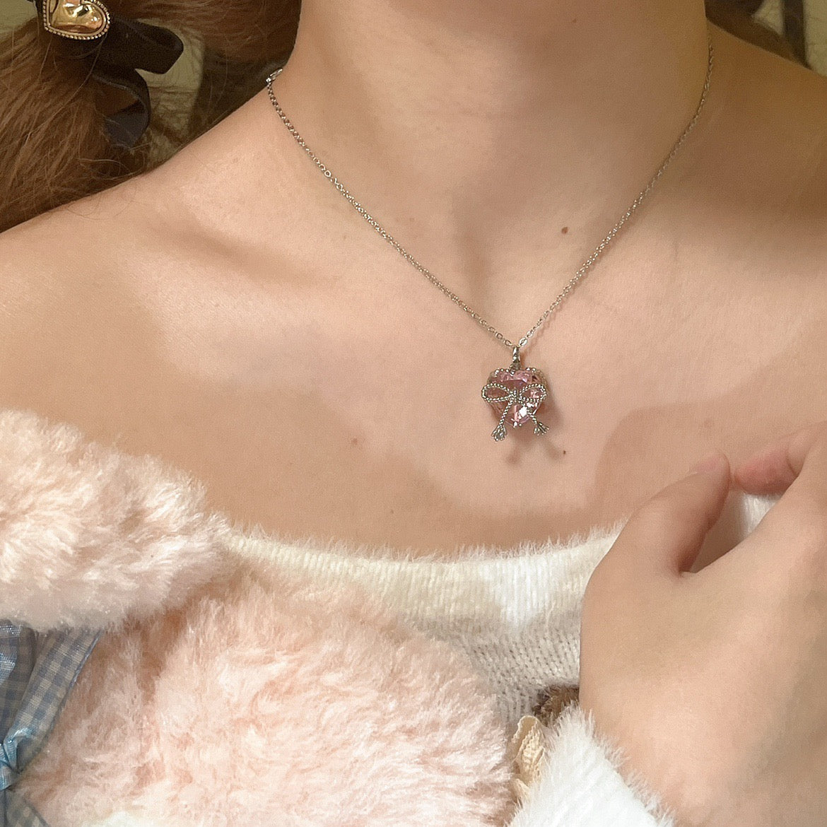 Bow Knot Pink Zircon Heart Necklace