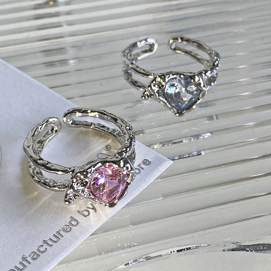 Pink & White Heart Zircon Ring，Y2K Pink Ring