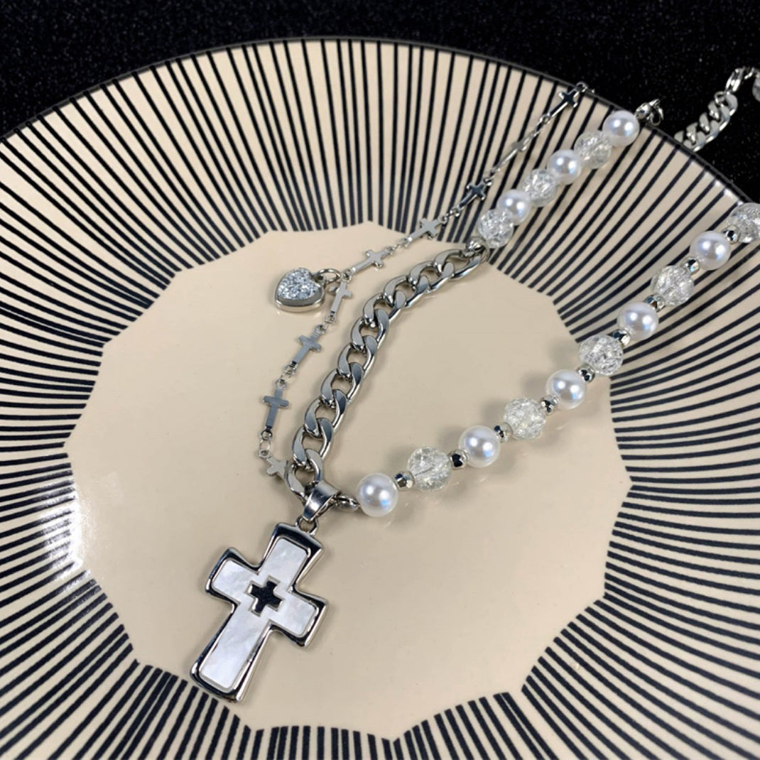 Heart Cross Pearl Asymmetry Layered Necklace