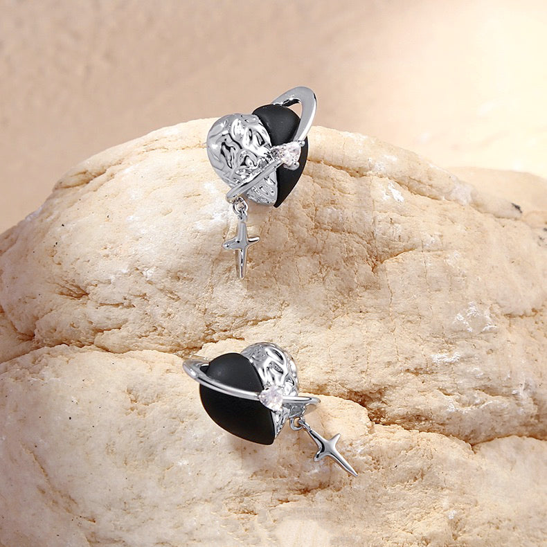 Black Heart Planet Earrings