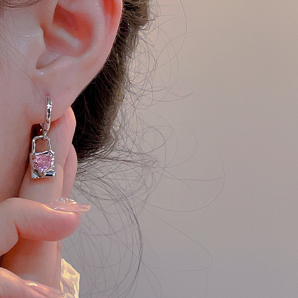 Pink Zircon Key Lock Stud Earrings