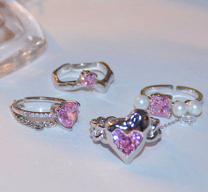 Pink Heart Zircon Rings，Y2K Girl Style Rings